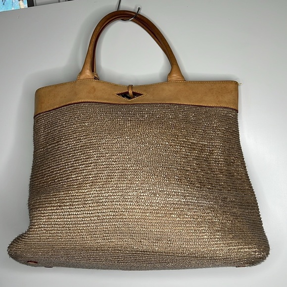 MZ Wallace Large Raffia and Belting Leather Woven Tote Handbag - Rare Style - Picture 5 of 12